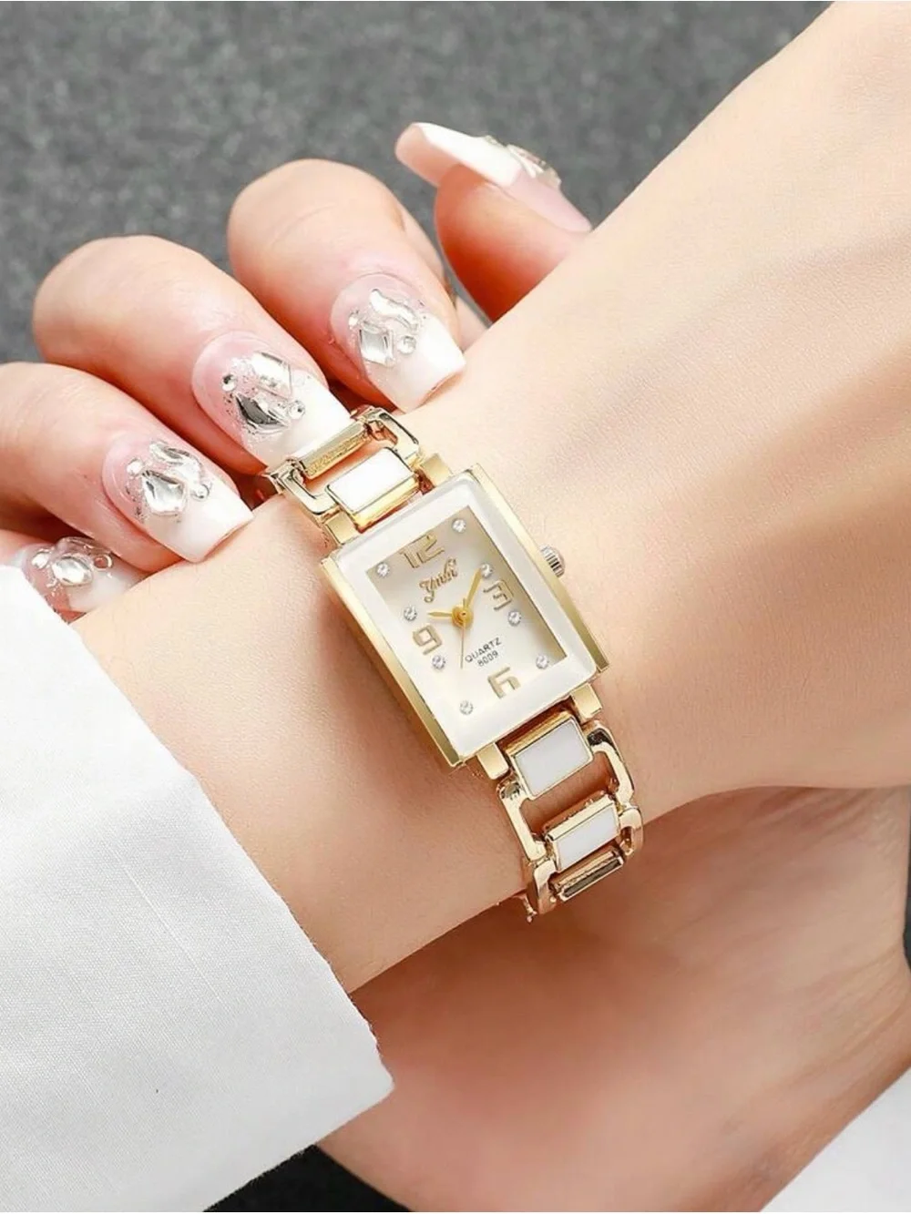 Gold and White Rectangular Bracelet Watch